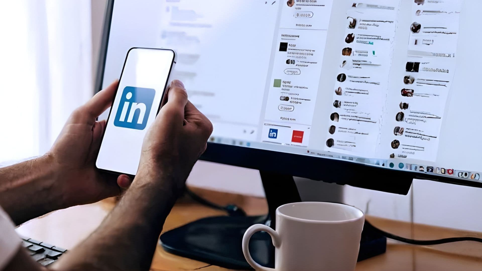 Professional using LinkedIn on a phone at a desk